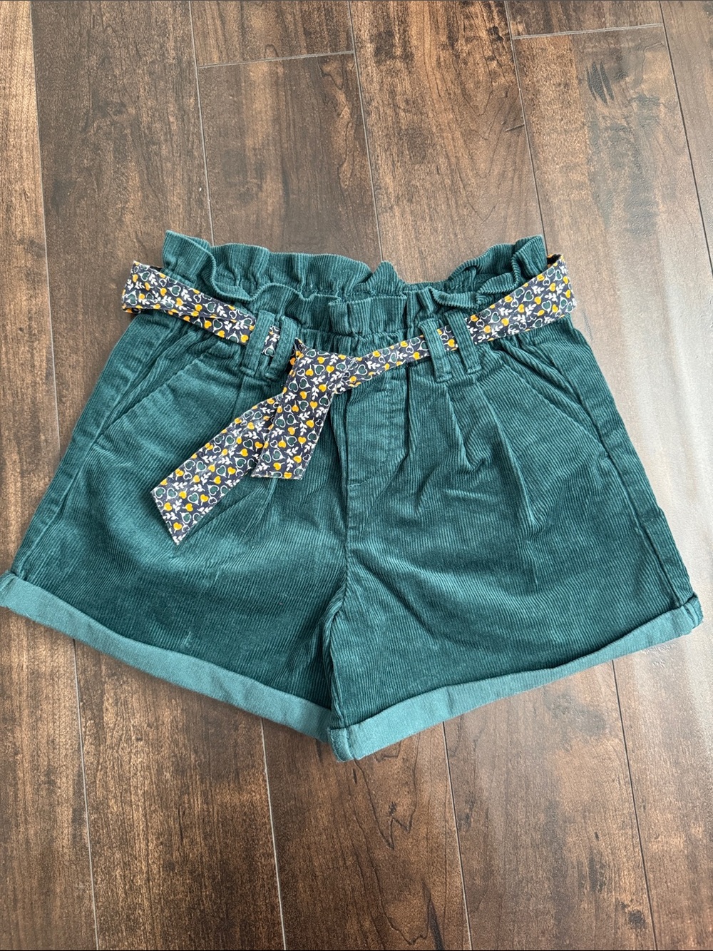 Girls' Teal Corduroy Paperbag Waist Shorts with Floral Tie